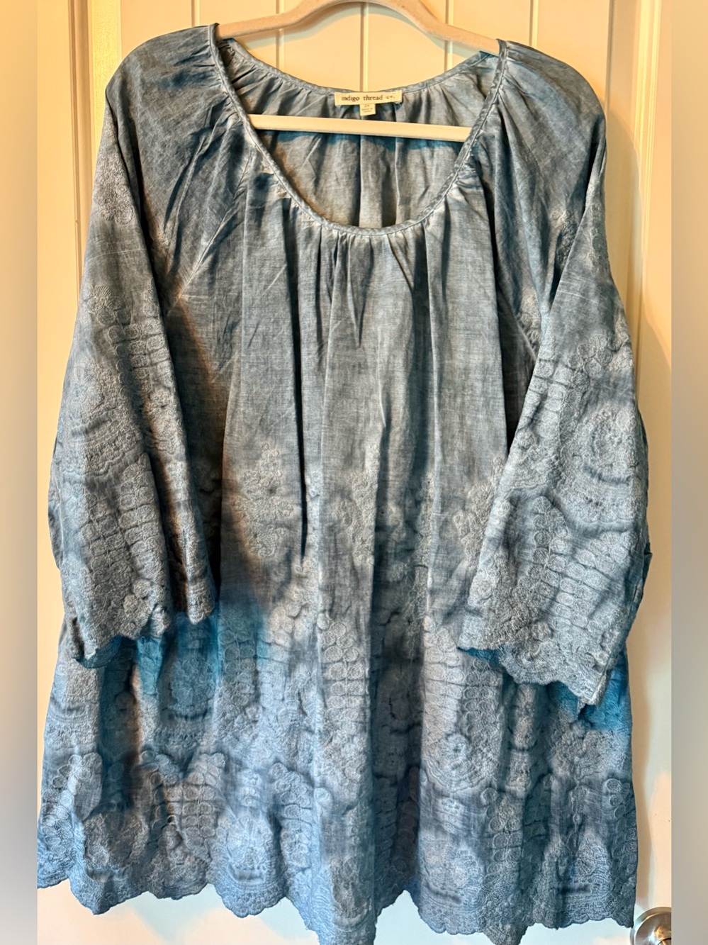 Indigo Thread Co. Blue Embroidered Peasant Tunic Top 100% Cotton